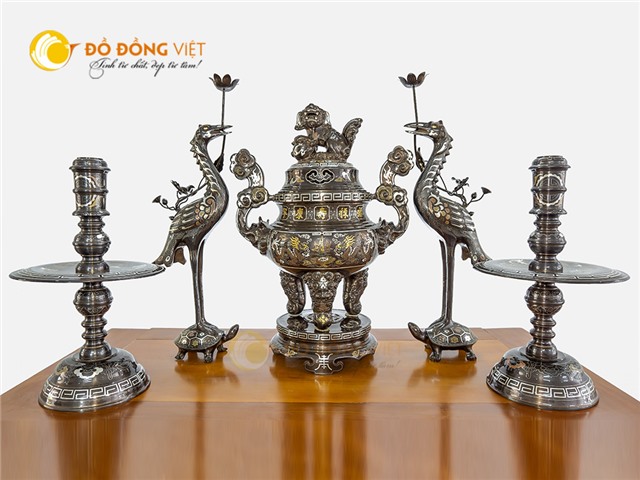 Bộ đỉnh đồng khảm ngũ sắc 5 chữ vàng cao cấp KT 70 cm ngũ sự