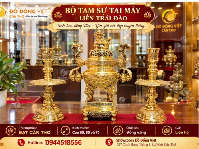 Bộ Tam Sự Tai Mây Liền Trái Đào Đồng Vàng | Đồ Đồng Việt Cần Thơ