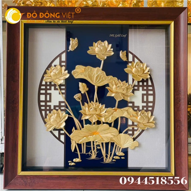 TRANH HOA SEN NỀN XANH DÁT VÀNG - THANH KHIẾT, THỊNH VƯỢNG, BÌNH AN