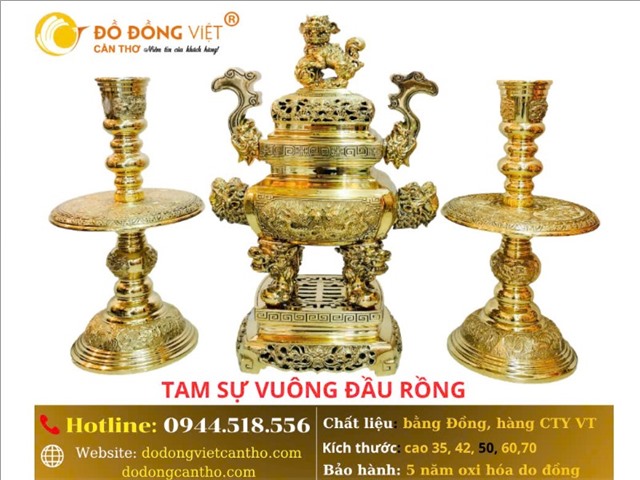 Tam Sự Vuông Đầu Rồng Bằng Đồng – Bộ Đồ Thờ Cao Cấp Sang Trọng Cho Bàn Thờ Gia Tiên