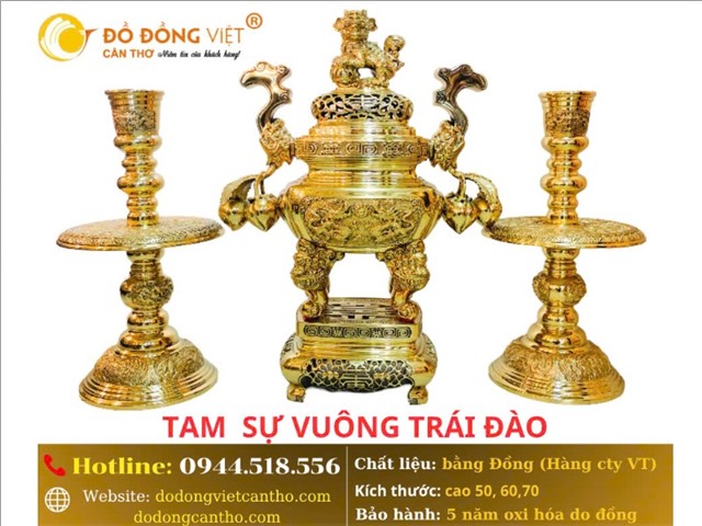 Tam Sự Vuông Trái Đào Bằng Đồng – Bộ Đồ Thờ Cao Cấp Cho Bàn Thờ Gia Tiên Sang Trọng