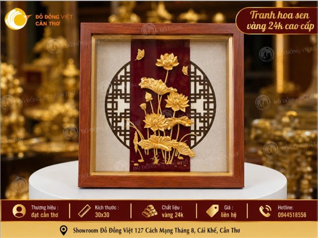 Tranh Hoa Sen Vàng 24K Cao Cấp 30x30 | Quà Tặng Phong Thủy Sang Trọng